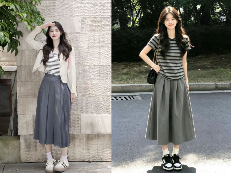 chân váy màu ghi xám phối với áo màu gì