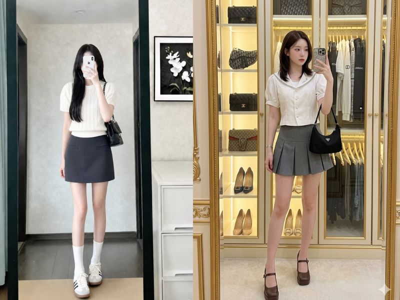 chân váy màu ghi xám phối với áo màu gì