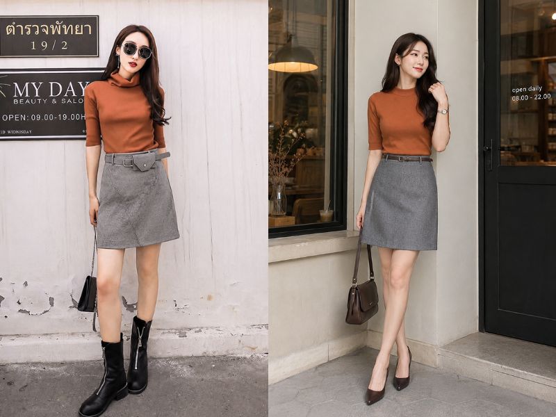 chân váy màu ghi xám phối với áo màu gì