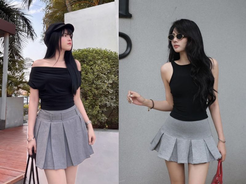 chân váy màu ghi xám phối với áo màu gì
