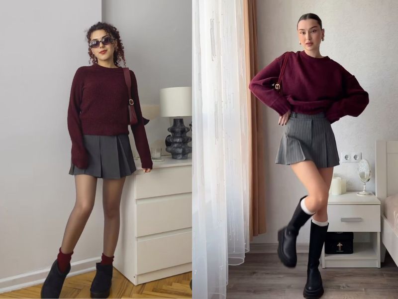 chân váy màu ghi xám phối với áo màu gì