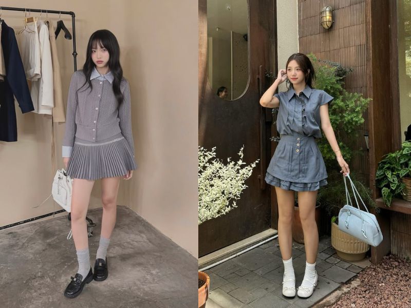 chân váy màu ghi xám phối với áo màu gì