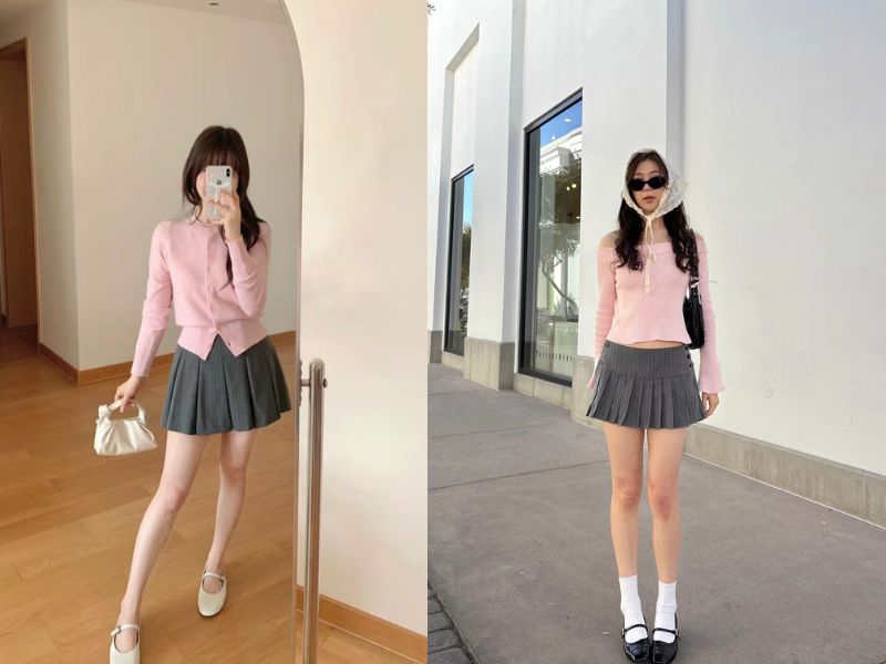 chân váy màu ghi xám phối với áo màu gì