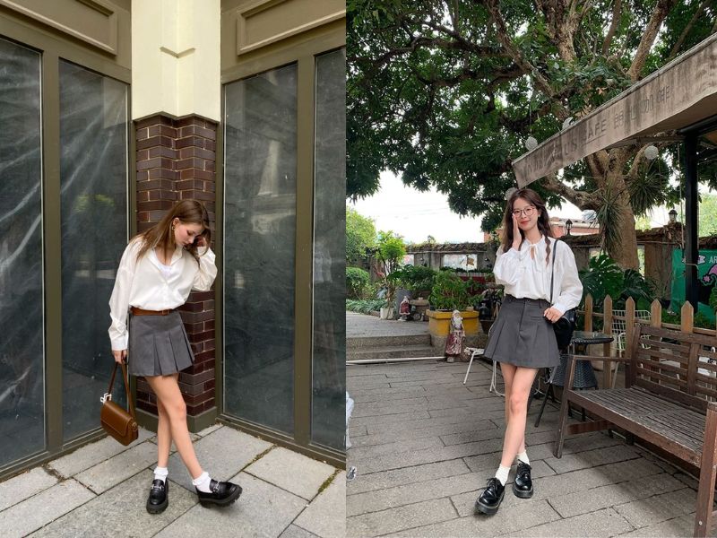 chân váy màu ghi xám phối với áo màu gì