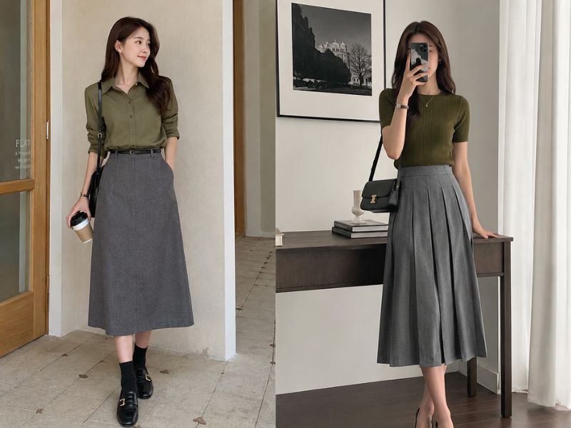chân váy màu ghi xám phối với áo màu gì