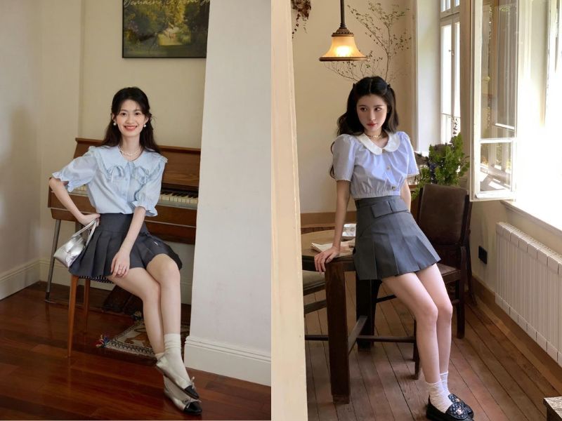 chân váy màu ghi xám phối với áo màu gì