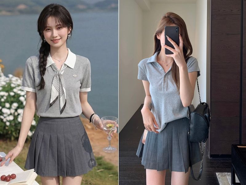 chân váy màu ghi xám phối với áo màu gì