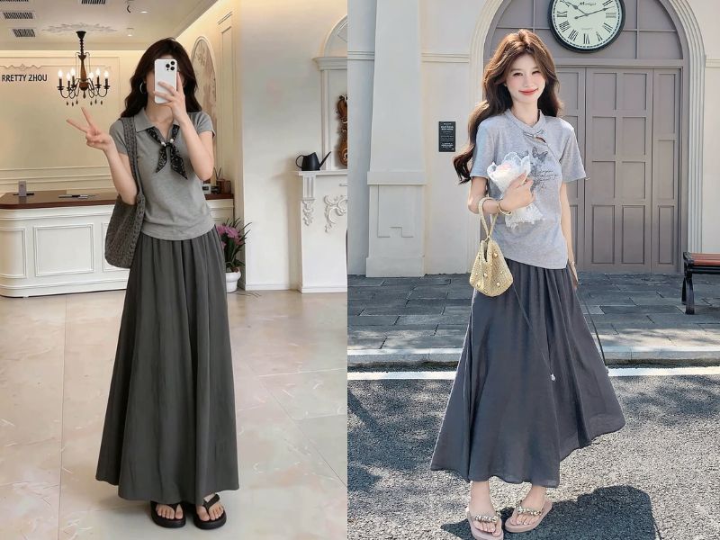 chân váy màu ghi xám phối với áo màu gì