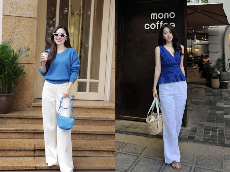 áo xanh coban phối quần trắng