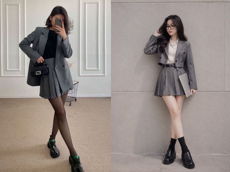 chân váy màu ghi xám phối với áo màu gì