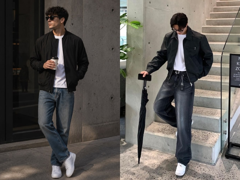 Outfit bomber jacket kết hợp áo thun trắng và quần jeans theo phong cách swag