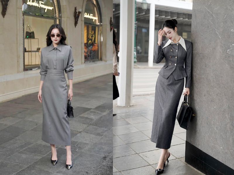 chân váy màu ghi xám phối với áo màu gì