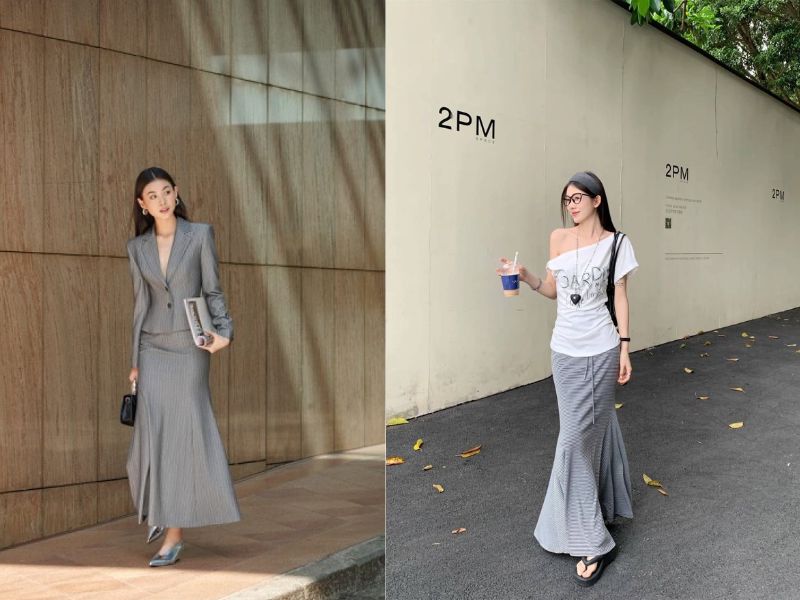 chân váy màu ghi xám phối với áo màu gì