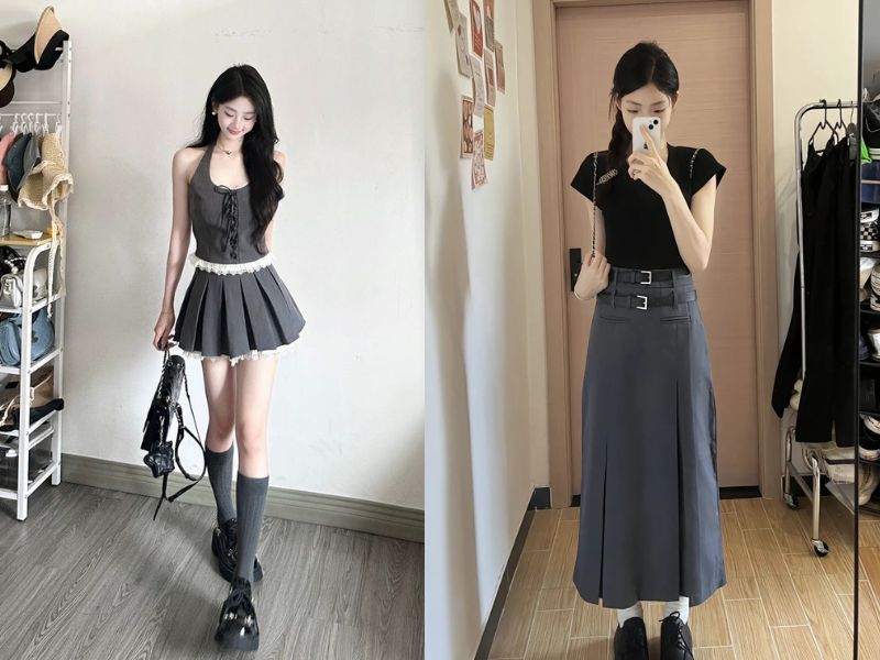 chân váy màu ghi xám phối với áo màu gì