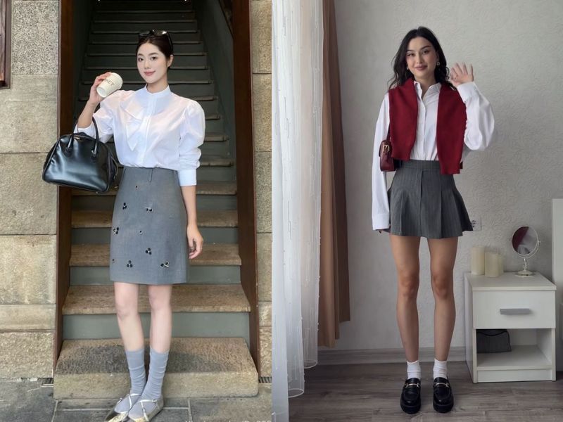 chân váy màu ghi xám phối với áo màu gì