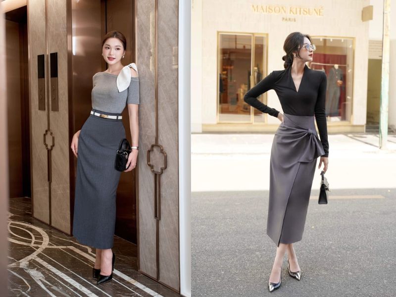 chân váy màu ghi xám phối với áo màu gì