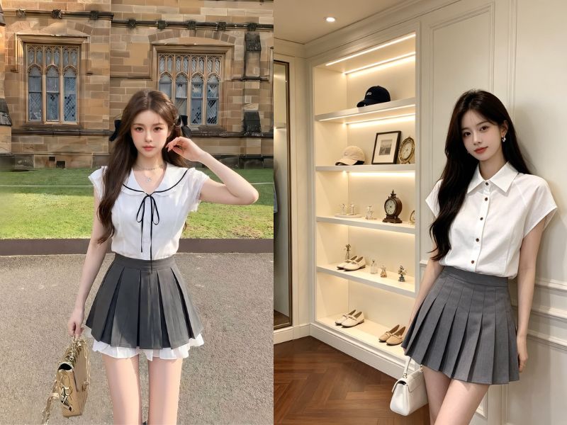chân váy màu ghi xám phối với áo màu gì
