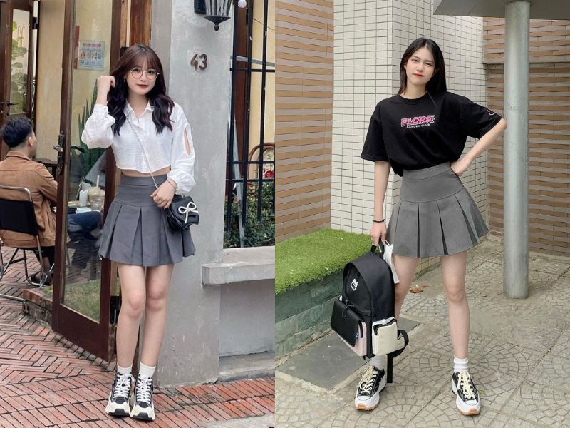 chân váy màu ghi xám phối với áo màu gì