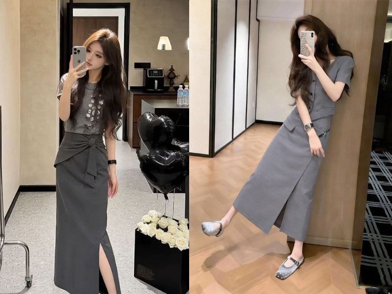 chân váy màu ghi xám phối với áo màu gì