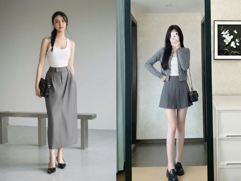 chân váy màu ghi xám phối với áo màu gì