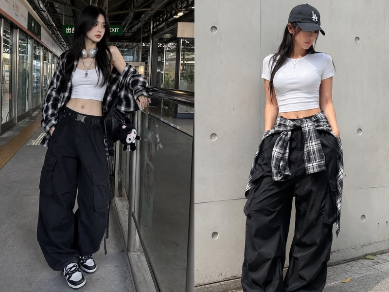Cách phối crop top cùng quần cargo và mũ snapback cho phong cách Swag Girl cá tính