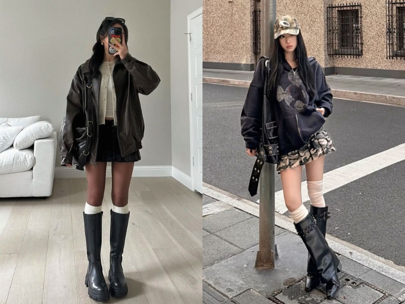 Outfit áo khoác da kết hợp boots mang phong cách swag bụi bặm