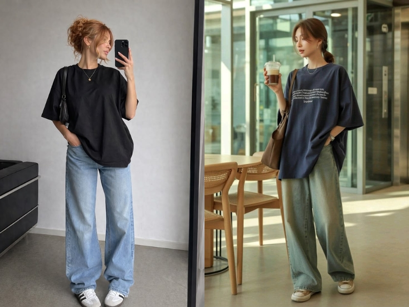 Cách phối áo sơ mi oversize với áo thun basic và quần jeans ôm hiện đại