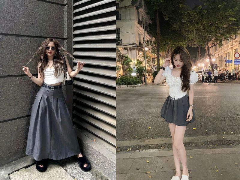 chân váy màu ghi xám phối với áo màu gì