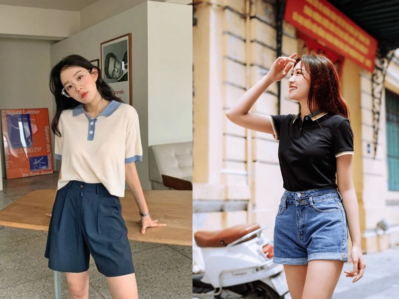 Mặc áo polo cùng quần short nữ