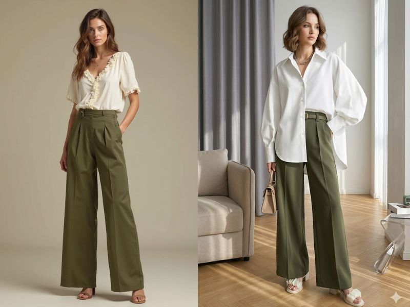 quần xanh rêu phối áo màu gì