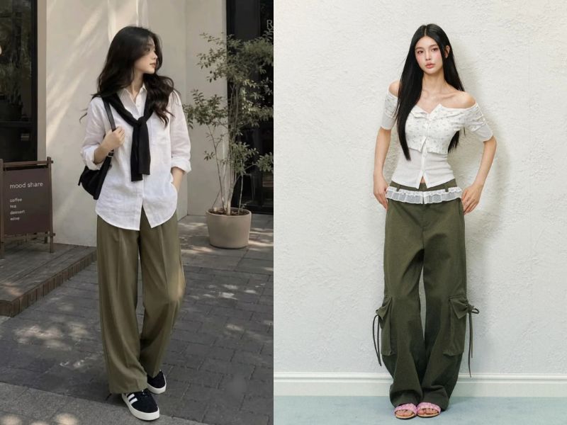 quần xanh rêu phối áo màu gì