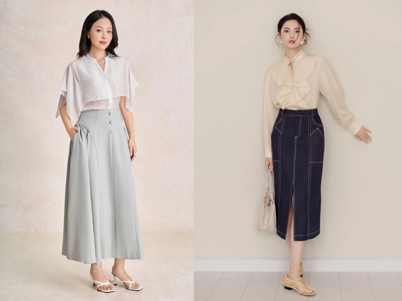 Kết hợp chân váy dài cùng áo blouse