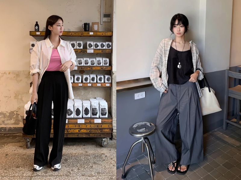 Kết hợp sơ mi rộng cùng áo ba lỗ