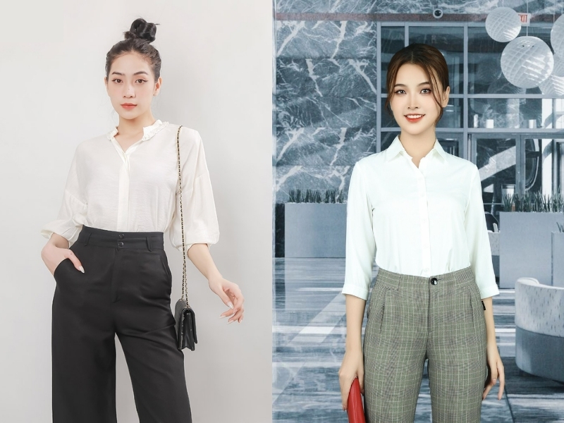 Outfit áo sơ mi kết hợp quần tây