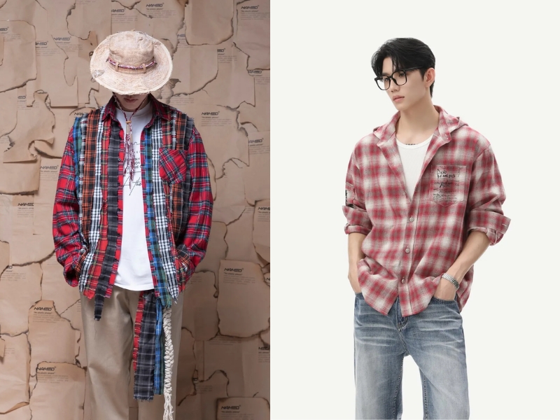Kết hợp áo thun trắng cùng sơ mi flannel kẻ caro