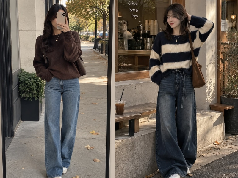 Mặc áo jumper kết hợp quần jeans nữ