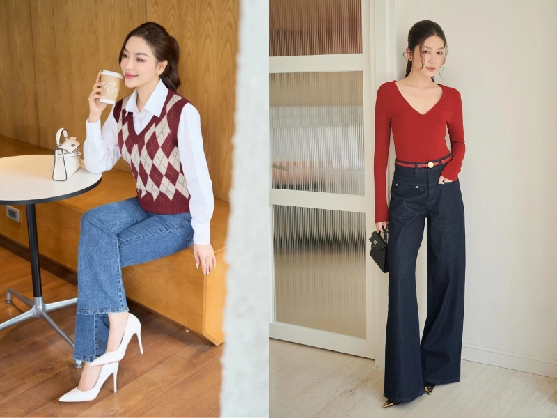 Đi giày cao gót kết hợp quần jean ống suông