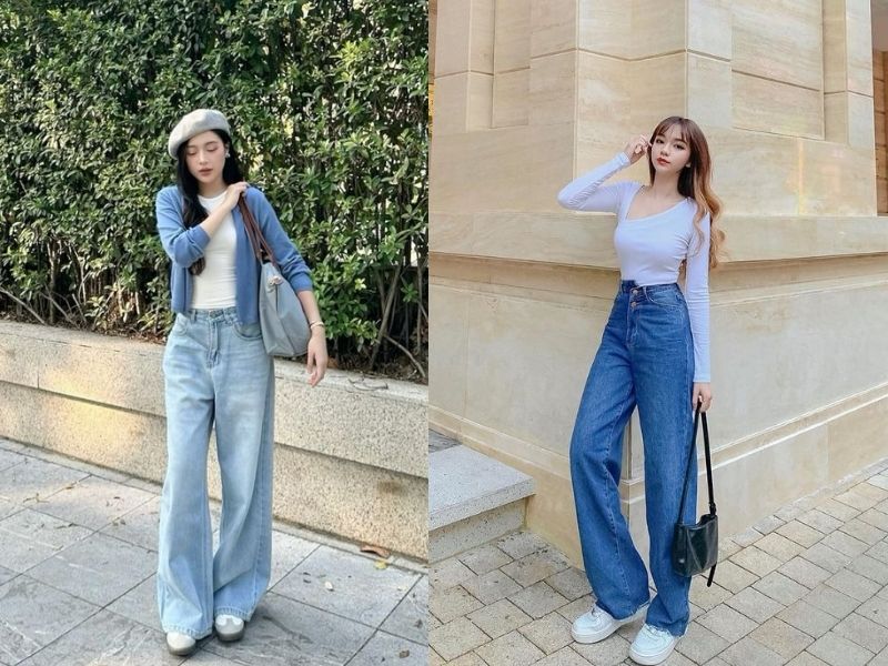 Diện quần jean ống suông cùng sneaker trắng
