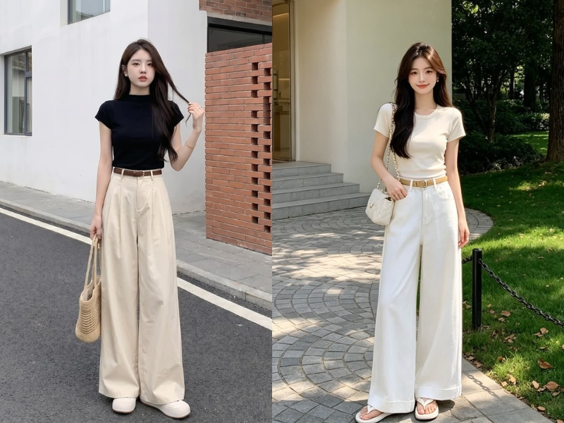 Outfit quần ống suông và áo thun ôm