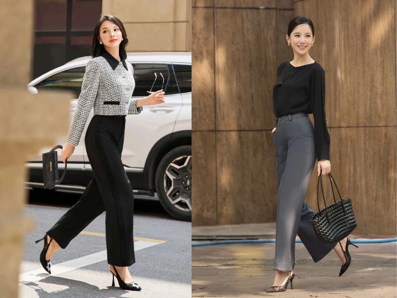 Mặc quần ống suông đi giày cao gót