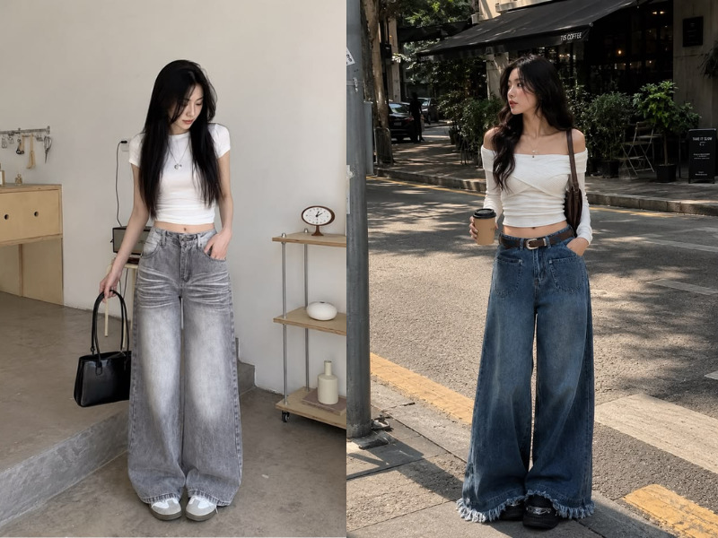 Quần jean ống suông phối áo croptop