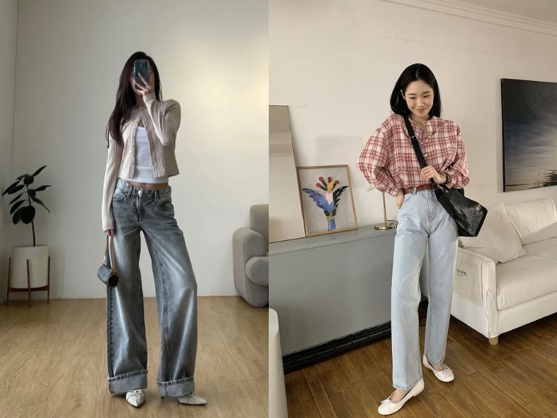 Phối quần jean ống suông cùng áo sơ mi kẻ