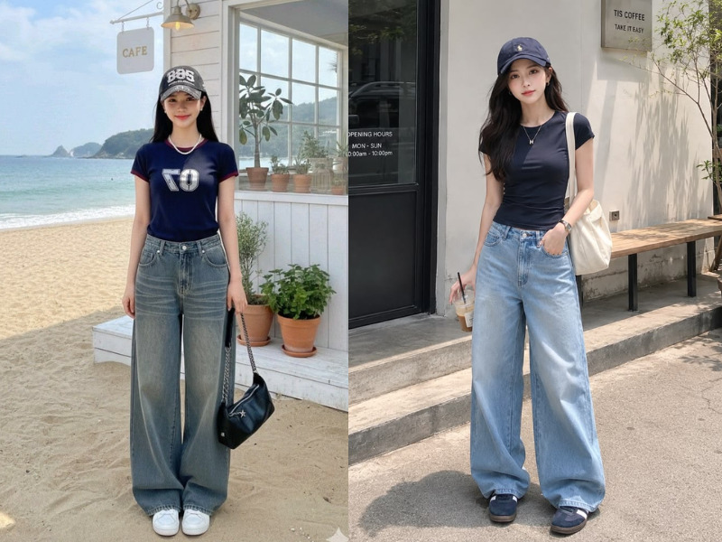 Quần jean ống suông mặc cùng áo màu đen