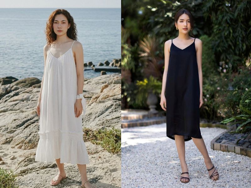 Outfit đầm midi cotton và sandal quai ngang 