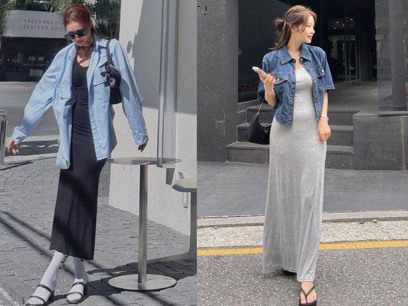 Outfit váy hai dây, áo khoác denim và sandal